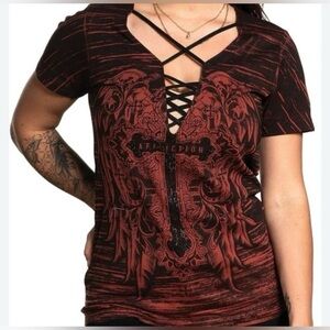 Affliction Womens Tshirt XL Sacred Heart Wings Rhinestones Grunge Goth Red Black